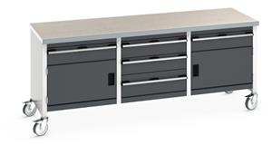 Bott Cubio Mobile Storage Workbench 2000mm wide x 750mm Deep x 840mm high supplied with a Linoleum worktop (particle board core with grey linoleum surface and plastic edgebanding), 5 x drawers (1 x 200mm & 4 x 150mm high) and 2 x 350mm high... 2000mm Width Mobile Industrial Storage Bench with cupboards & Drawers